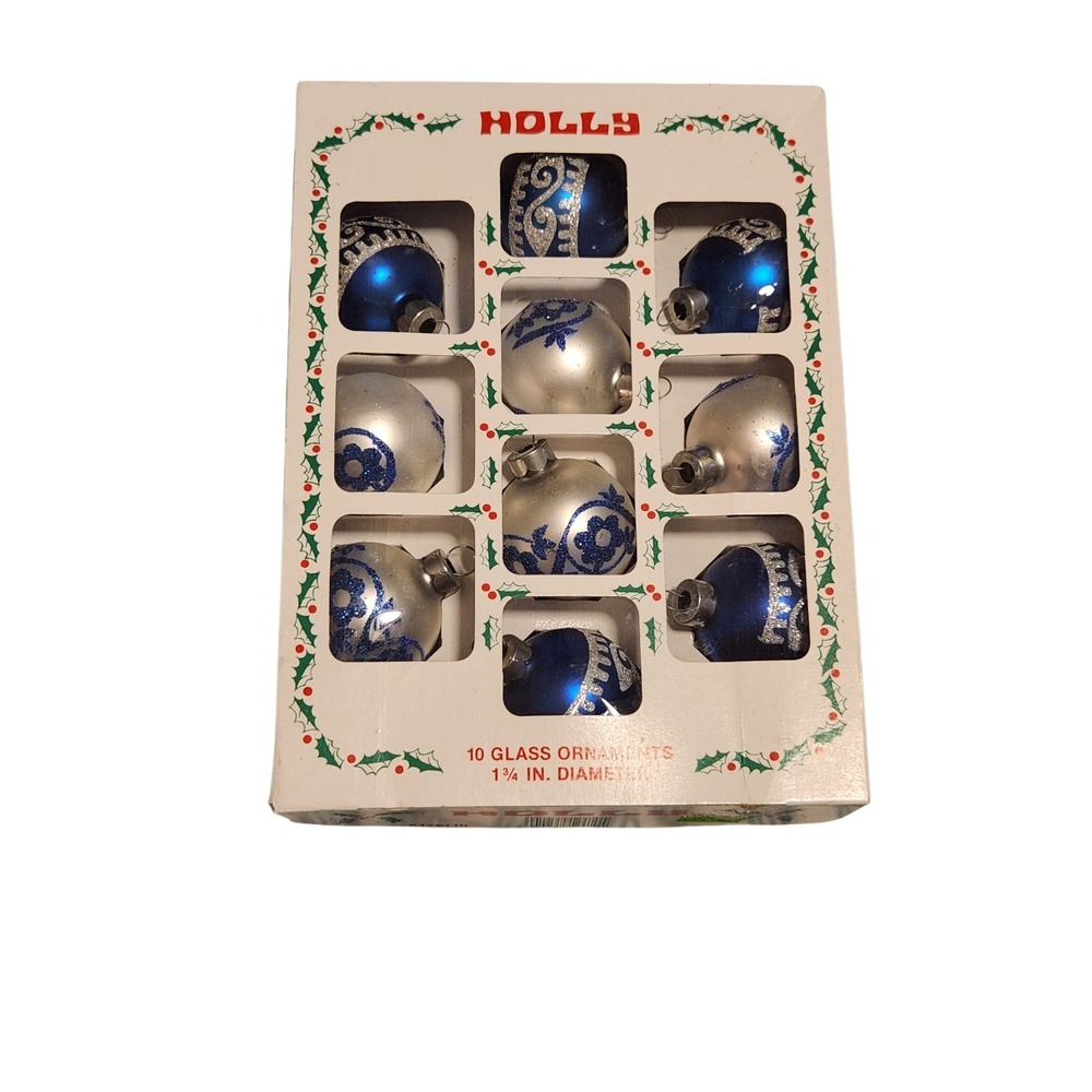 Vintage Holly USA 10 Silver Blue Mercury Glass 1  3/4" Ornaments Original Box